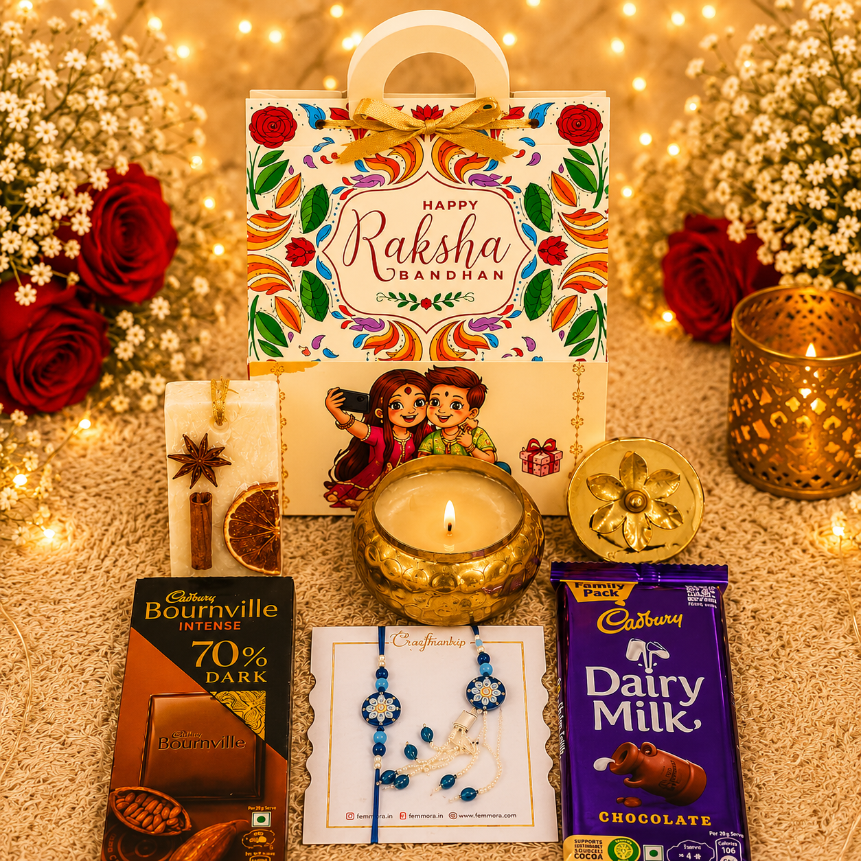 Luxury Rakhi Gift Hamper for Brother & Sister with Premium Golden Jar Candle, Chocolates, Rakhi & Wax Tablet
