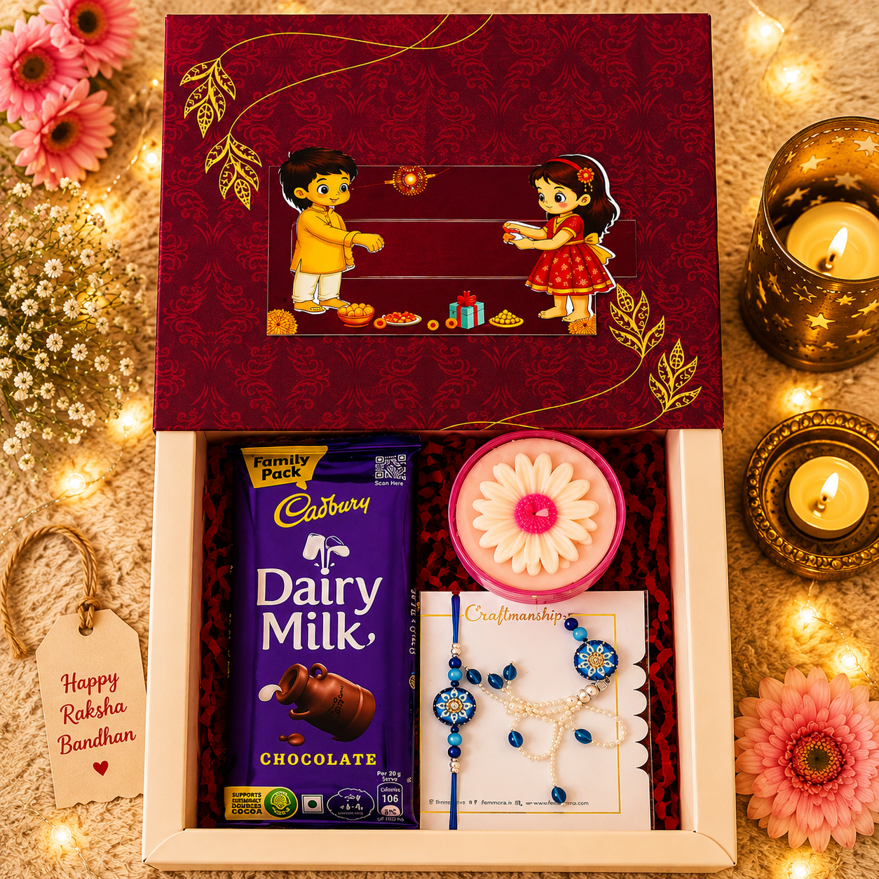 Best Raksha Bandhan Gift Set with Handmade Candle, Chocolate & Premium Rakhi