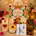 Premium Rakhi Gift Bag with Handmade Soy Candle, Ccented wax tablet Designer Rakhi & Dark Chocolate