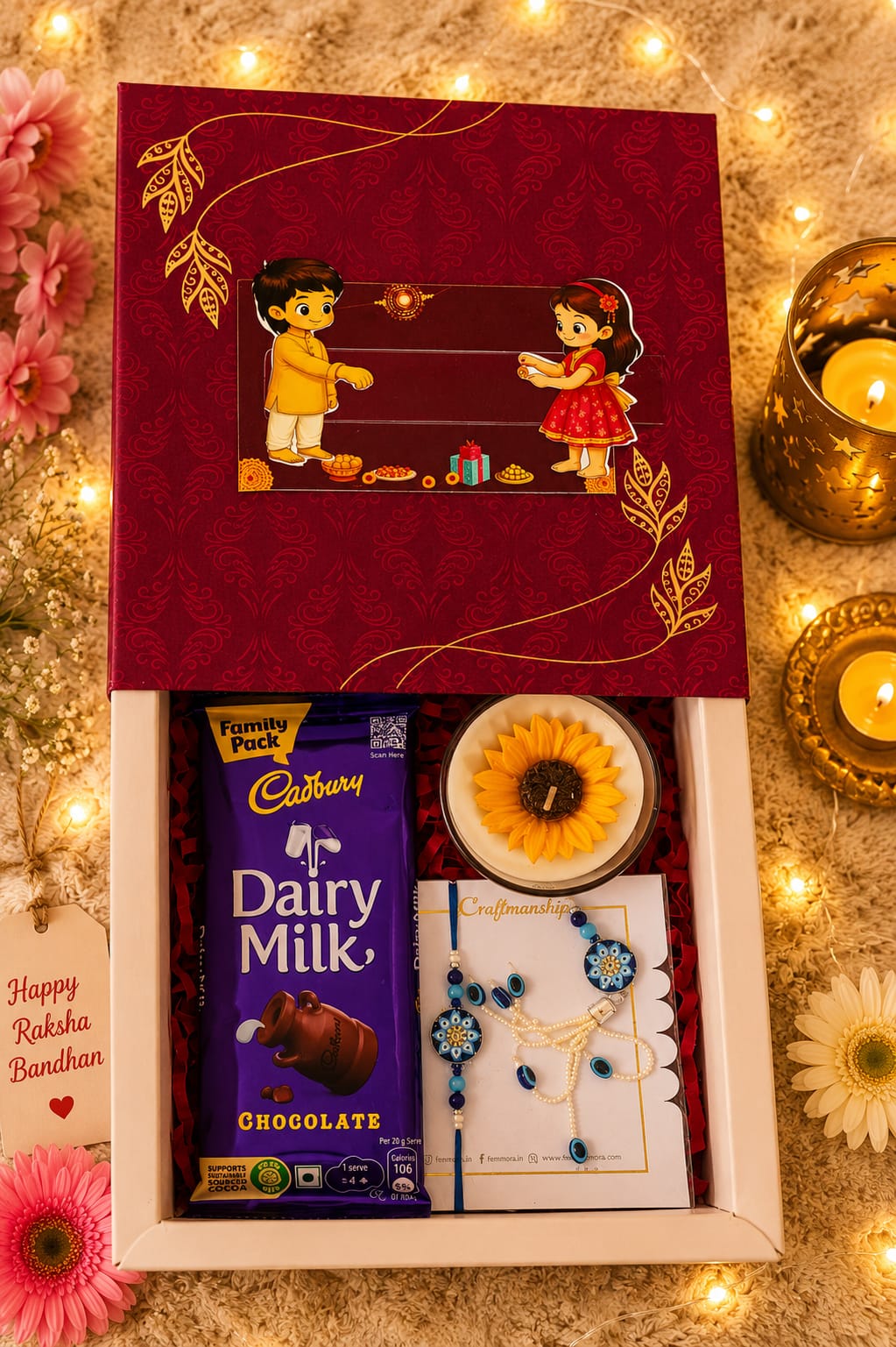 A festive gift box set opened to reveal a Cadbury Dairy Milk chocolate bar, a small sunflower candle and rakhi pack