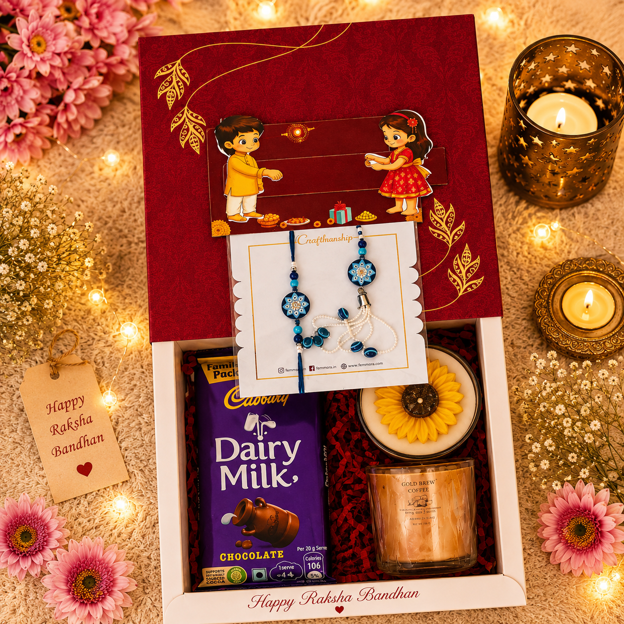 Thoughtful Rakhi Gift Hamper with Floral Candle, Coffee Candle, Premium Rakhi & Dairy Milk Chocolate
