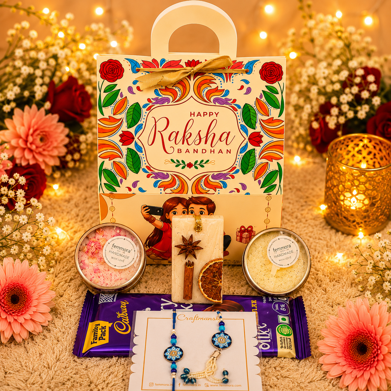 Thoughtfully Curated Rakhi Gift Hamper with Flower Candles, Scented Wax Sachet, Dairy Milk Chocolate & Premium Rakhi