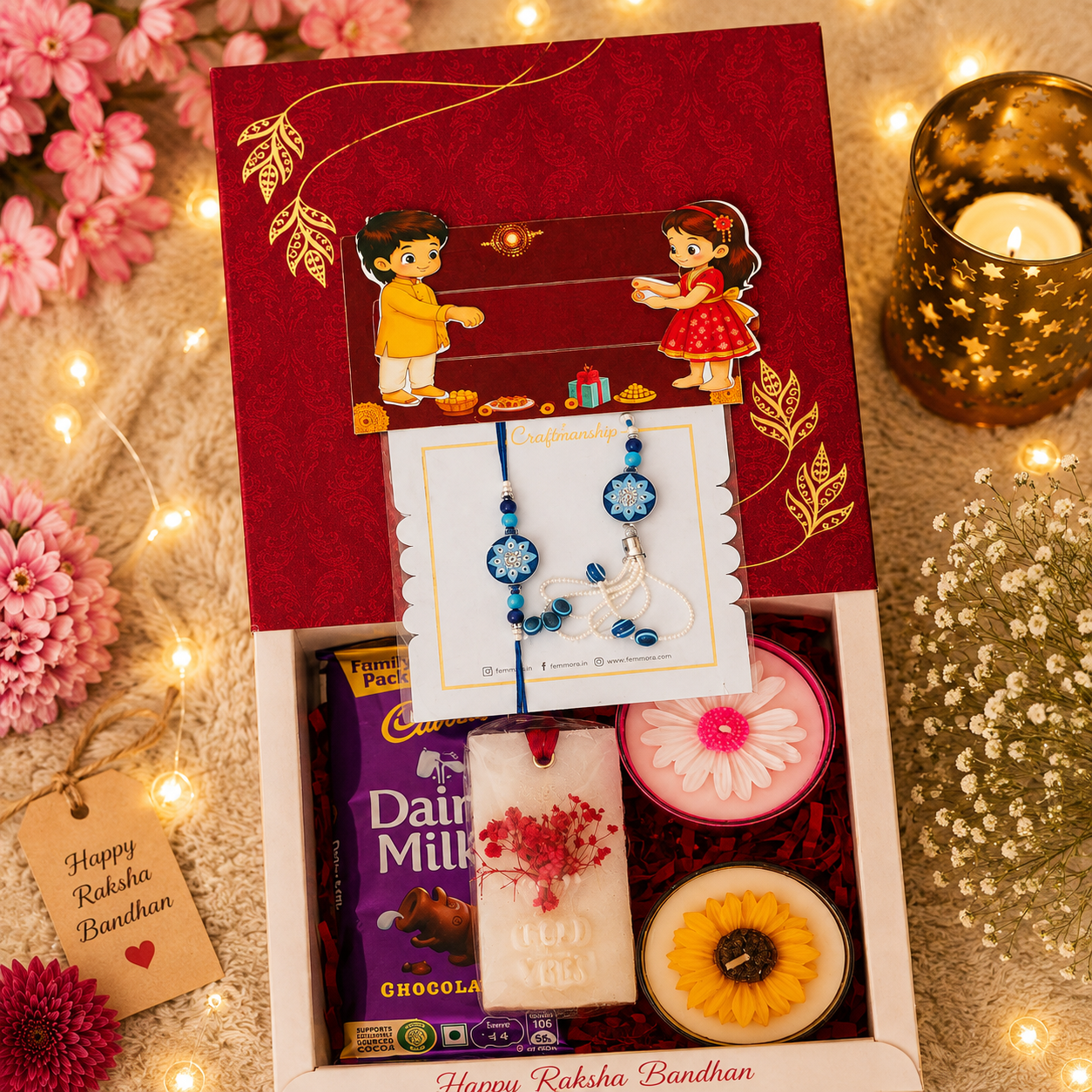 Premium Raksha Bandhan Gift Hamper with Handmade Candles, Chocolate & Designer Rakhi