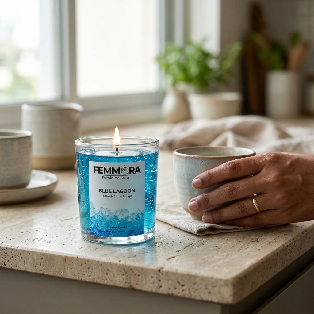 Luxury Blue Lagoon Candle 350g | Fresh Citrus Scented Gel Wax | Elegant Clear Glass Candle for Home Décor, Stress Relief & Gifting